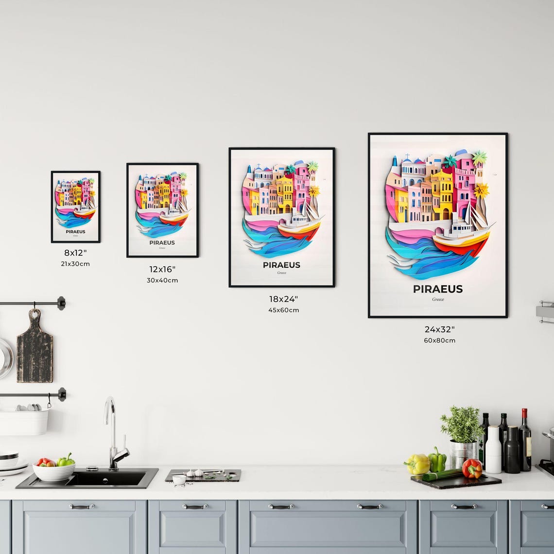 Piraeus Greece Colorful Harbor Boat Paper Cut City Art Poster - Image 3