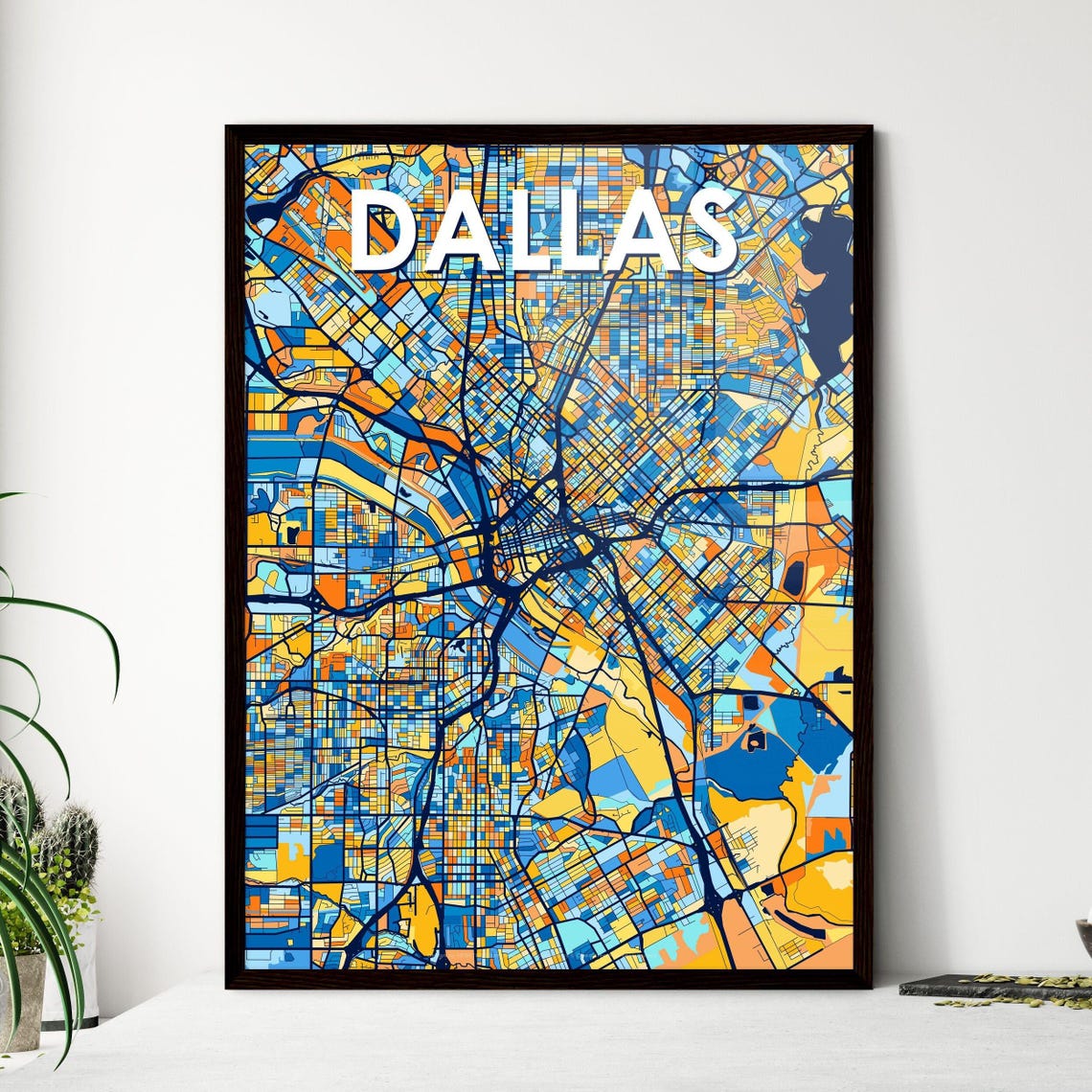 Dallas Texas Colorful Blue Orange City Map Mosaic Art Poster