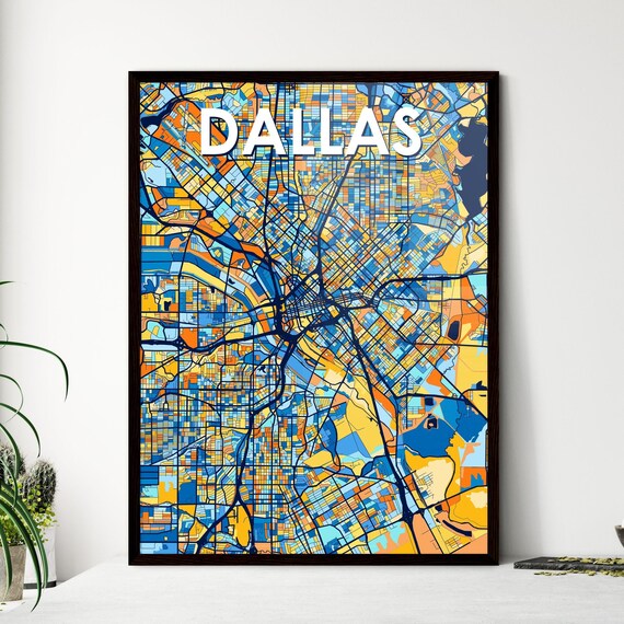 Dallas Texas Colorful Blue Orange City Map Mosaic Art Poster