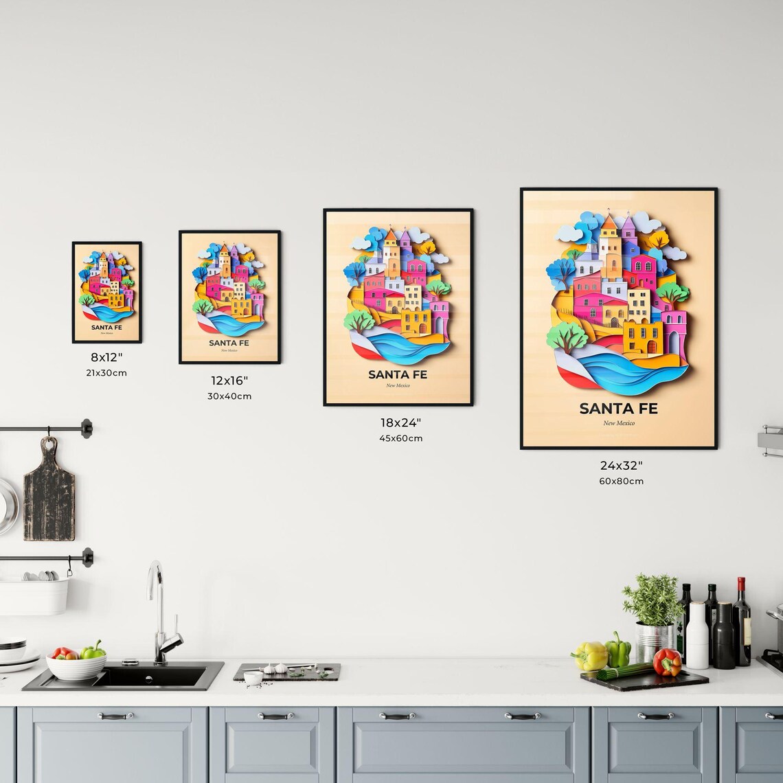 Santa Fe New Mexico Adobe Old Town Paper Cut Travel Art Poster - Image 3