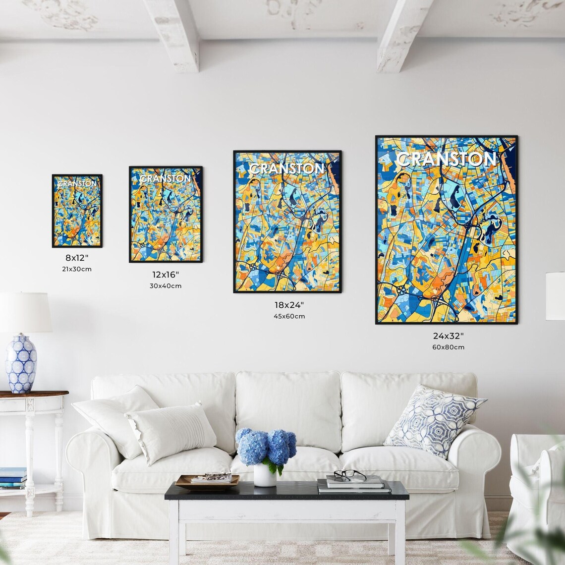 Cranston Rhode Island Vibrant Blue and Orange City Map Poster - Image 3