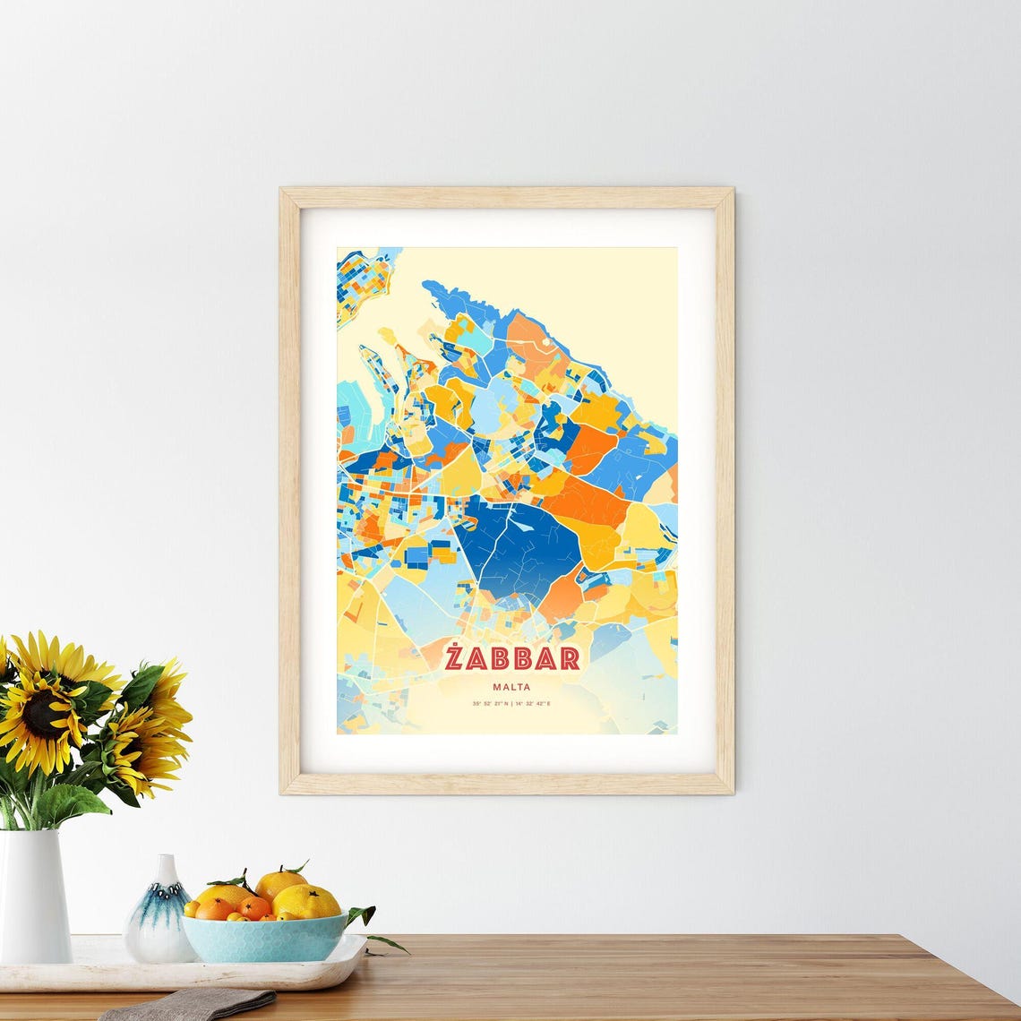 Zabbar Malta Colorful City Map Poster Blue Orange Island Wall Decor - Image 2
