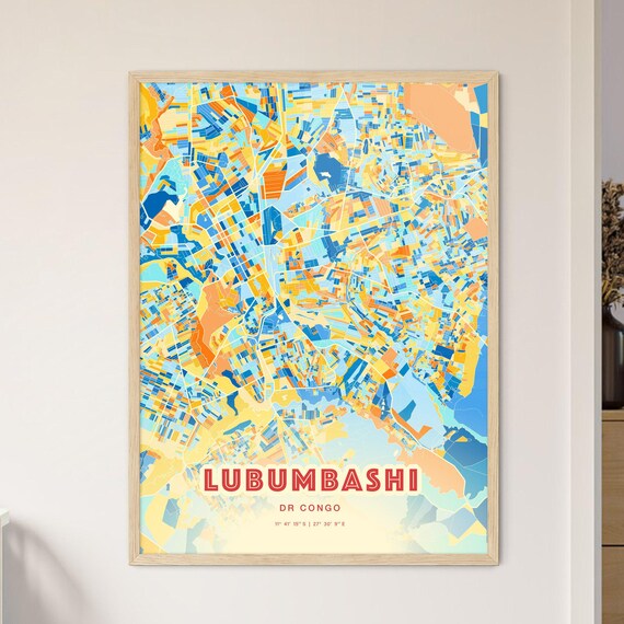 Vibrant Lubumbashi DR Congo Blue Orange City Street Map Art Poster