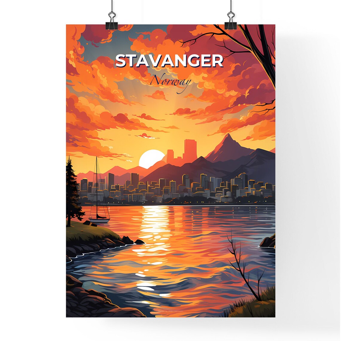 Stavanger Norway Sunset Fjord Mountain Skyline Sailboat Poster - Image 4