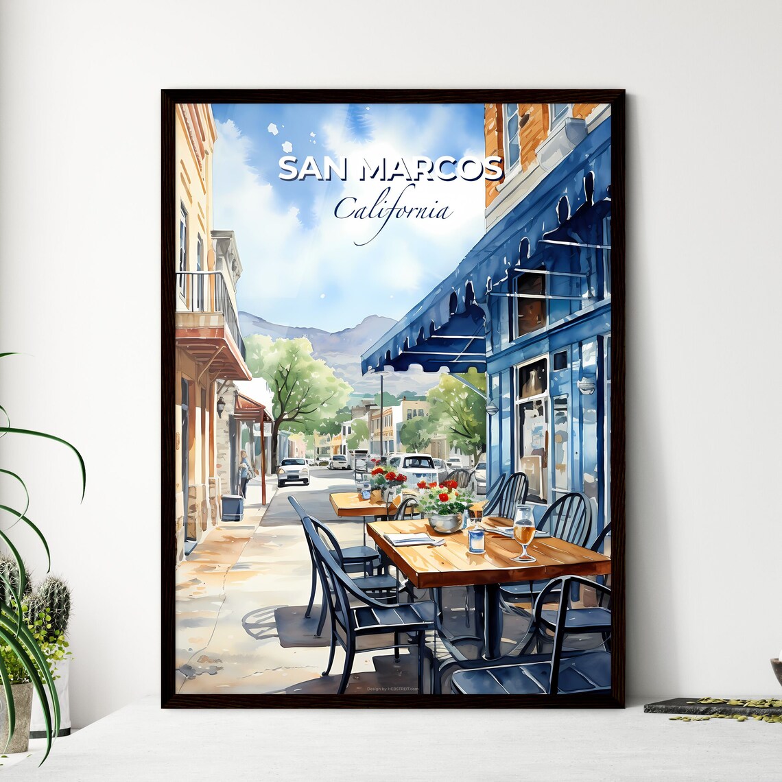 San Marcos California Watercolor Sidewalk Cafe Street Scene Poster