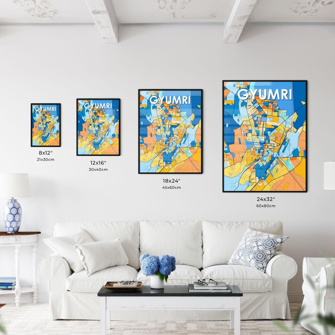 Gyumri Armenia Vibrant Geometric City Map Art Poster in Blue and Orange - Image 3