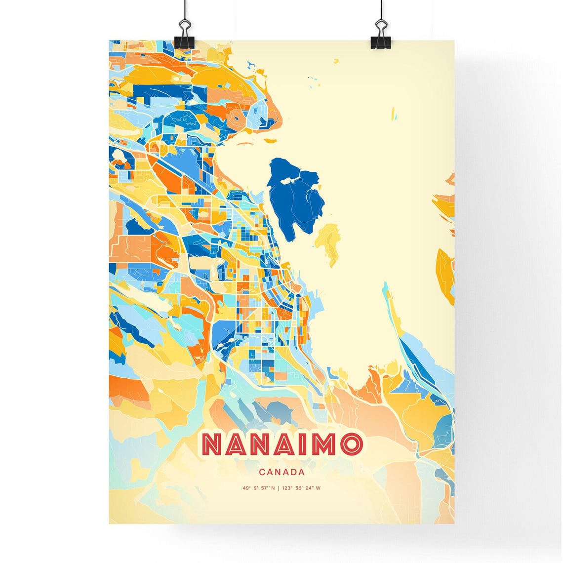 Nanaimo Canada Colorful Blue and Orange Retro City Street Map Wall Art