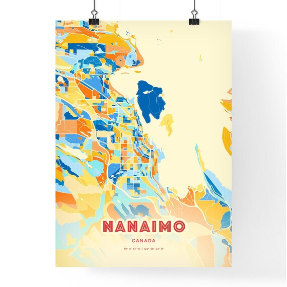 Nanaimo Canada Colorful Blue and Orange Retro City Street Map Wall Art