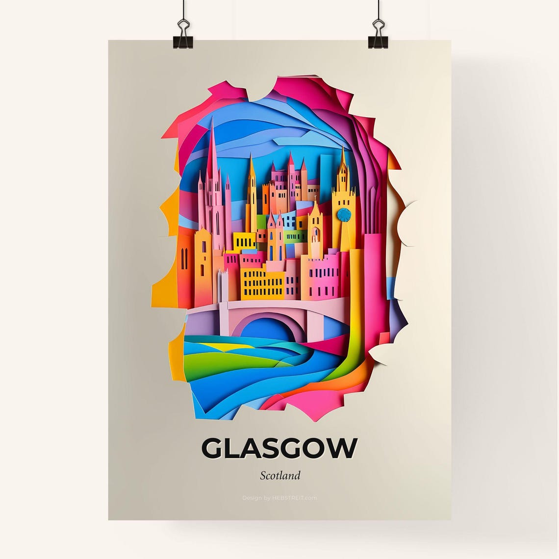 Glasgow Scotland Clock Tower River Bridge Paper Cut Travel Poster - Image 4