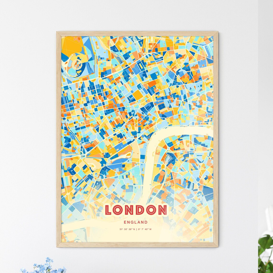 London England City Map Art Blue Orange Street Plan Wall Decor Poster