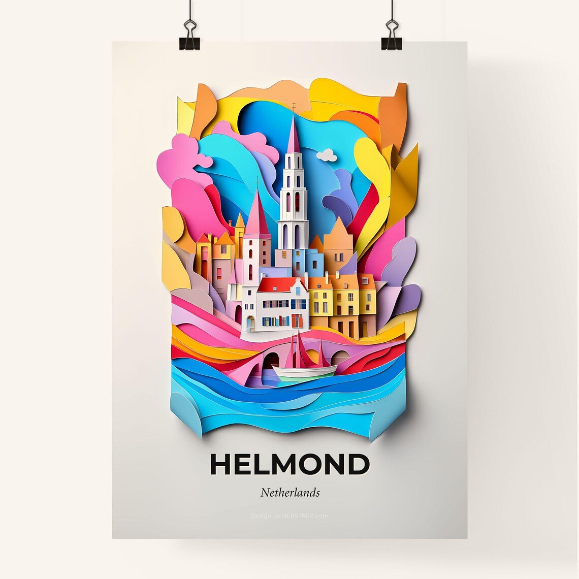 Helmond Netherlands Colorful Paper Cut Sailboat Church Poster - Image 4