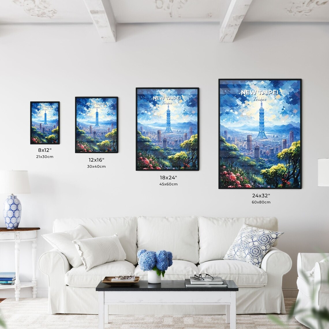 New Taipei Taiwan Skyline Pagoda Tower Blue Travel Art Poster - Image 3