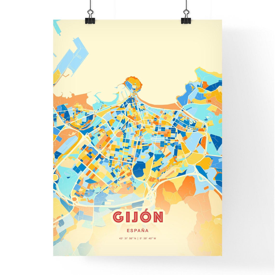 Gijon Spain Colorful Blue Orange Coastal Bay City Map Art Print - Image 3