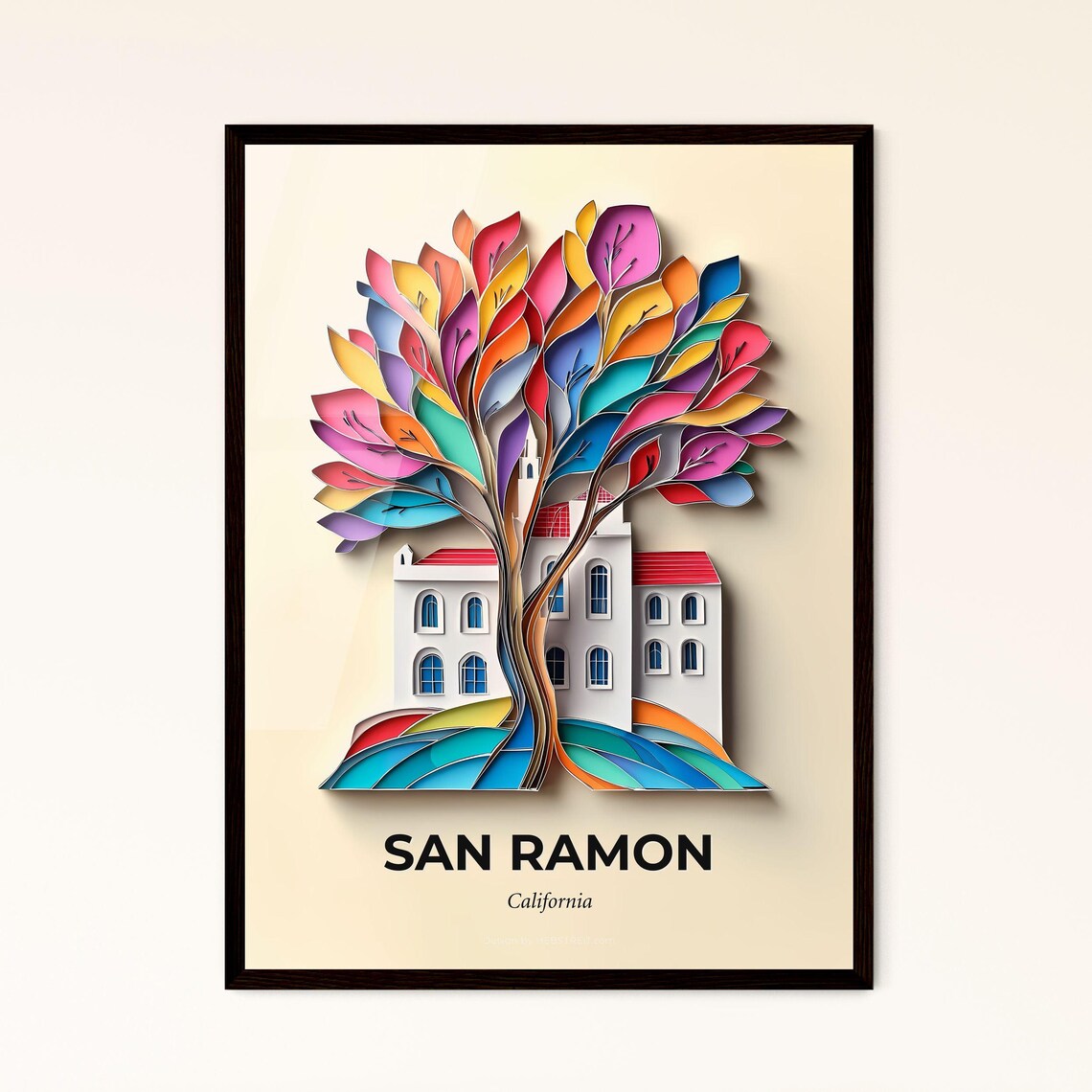 San Ramon California Colorful Paper Cut Tree House Travel Poster