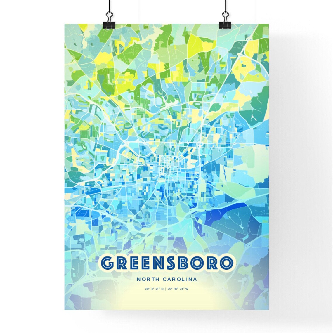 Greensboro North Carolina Bluish Watercolor City Map Art Poster - Image 3