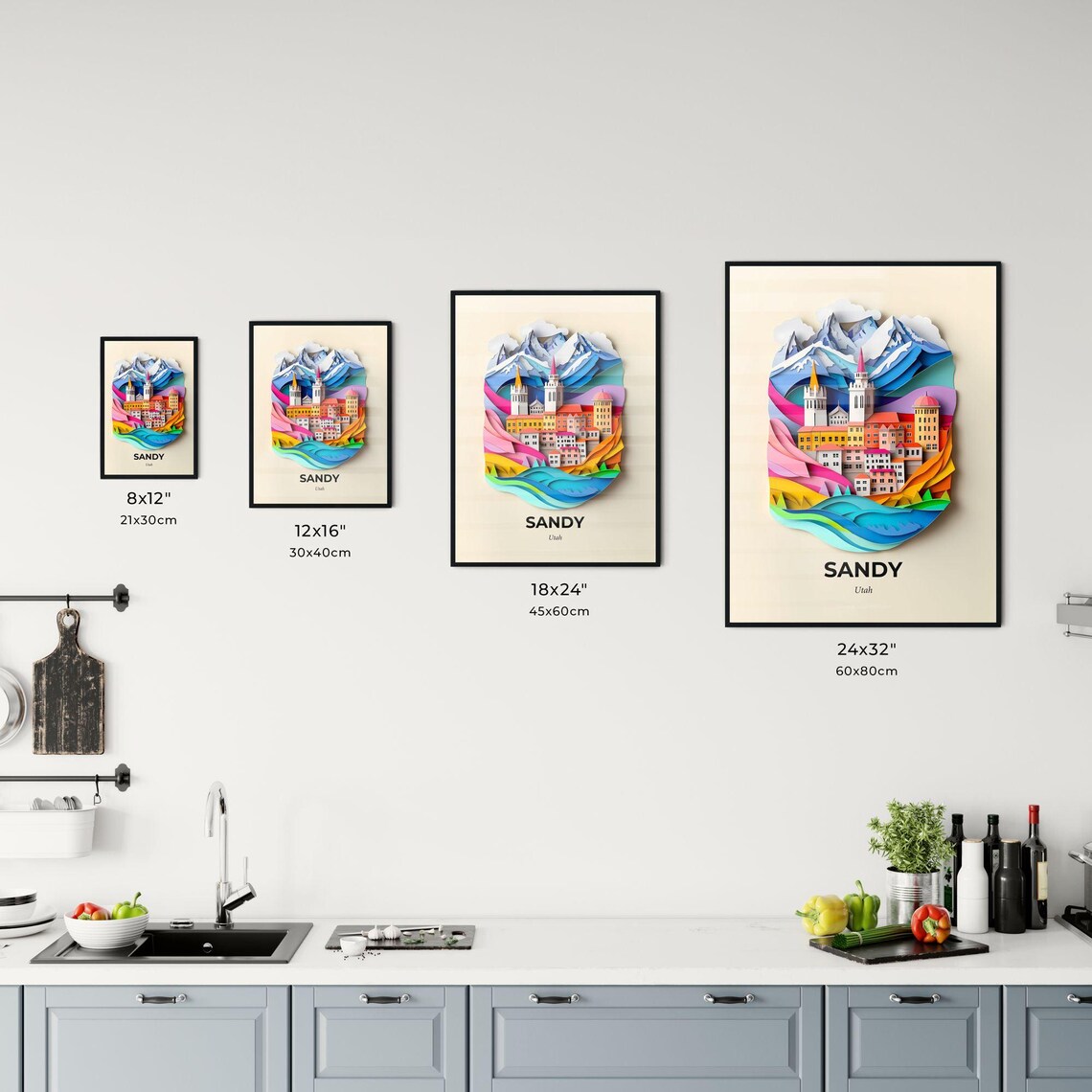 Sandy Utah Snowcapped Mountain Town Colorful 3D Paper Cut Art Poster - Image 3