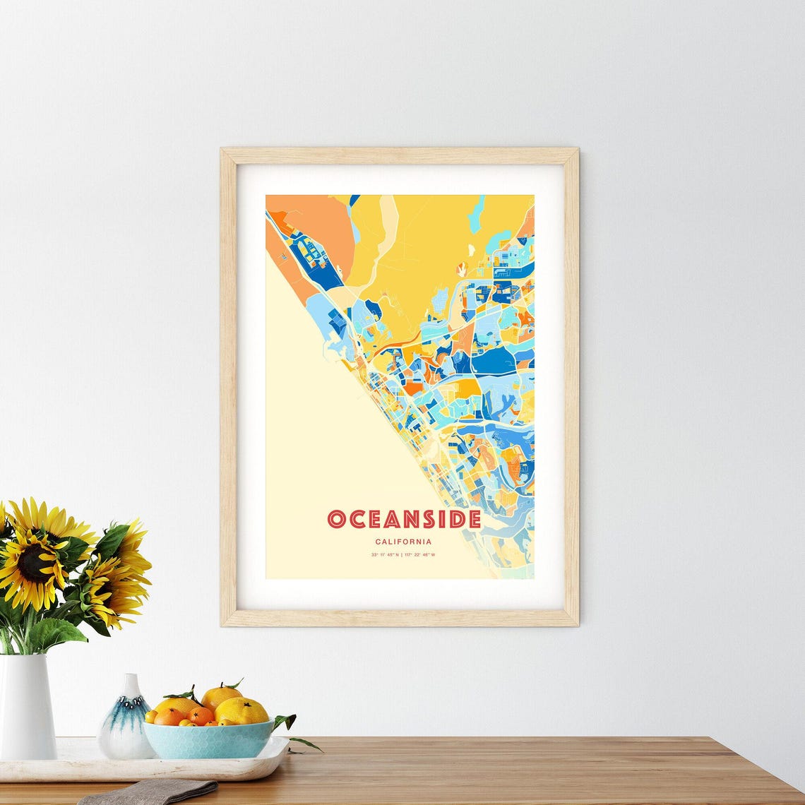 Oceanside California Colorful Blue and Orange City Map Art Poster - Image 2