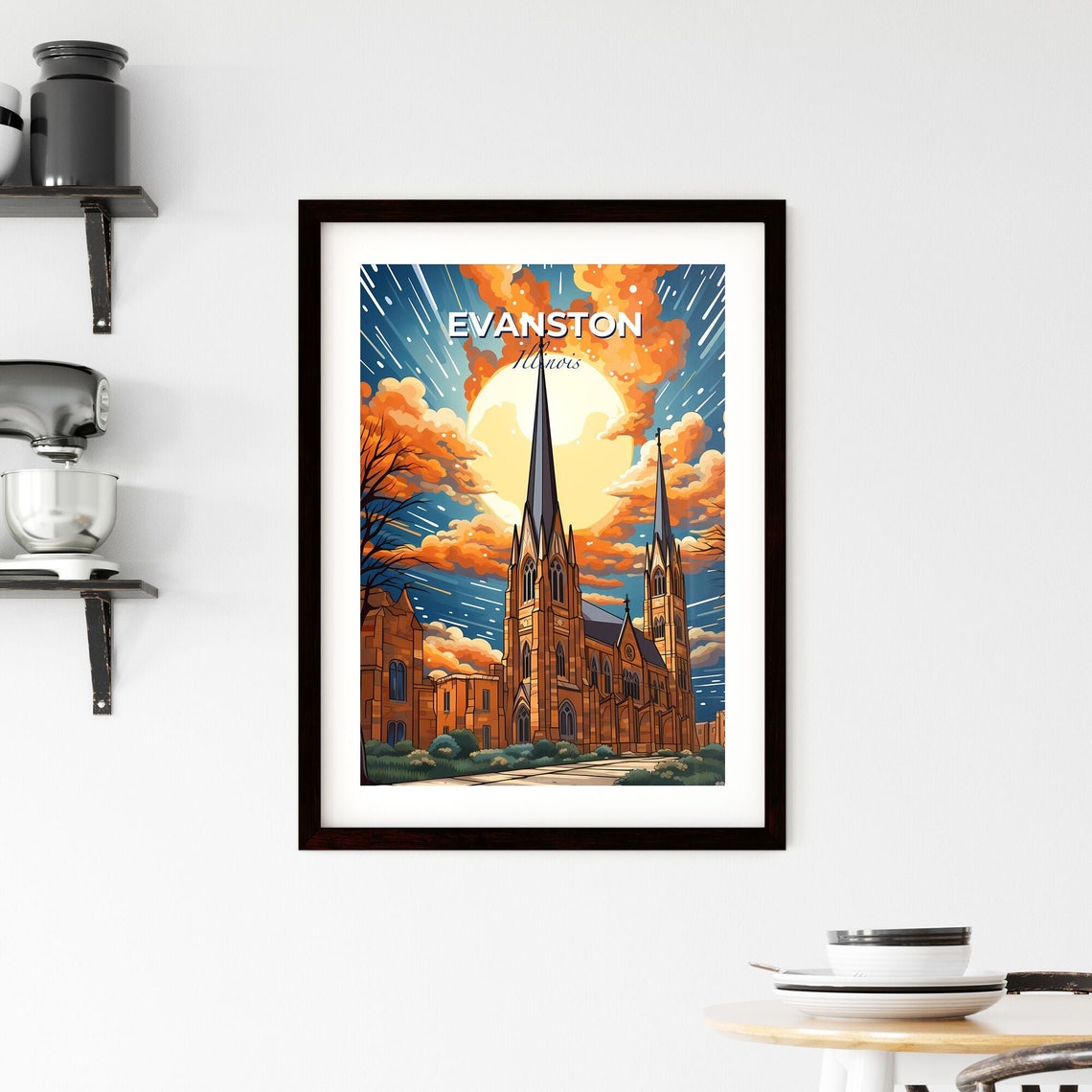 Evanston Illinois Gothic Church Under Fiery Orange Clouds Poster - Image 2