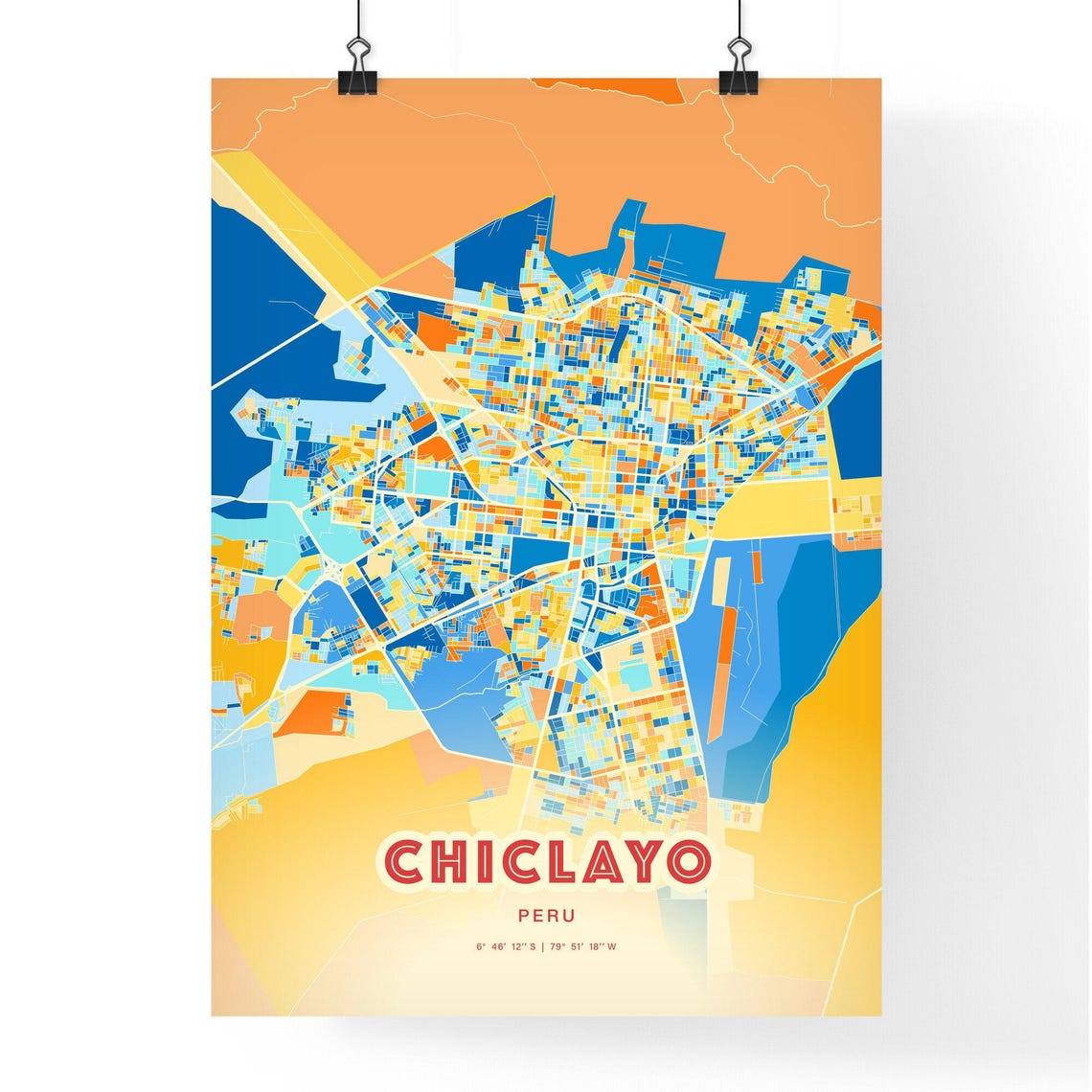 Chiclayo Peru Bold Vibrant Blue Orange Mosaic City Map Poster - Image 3