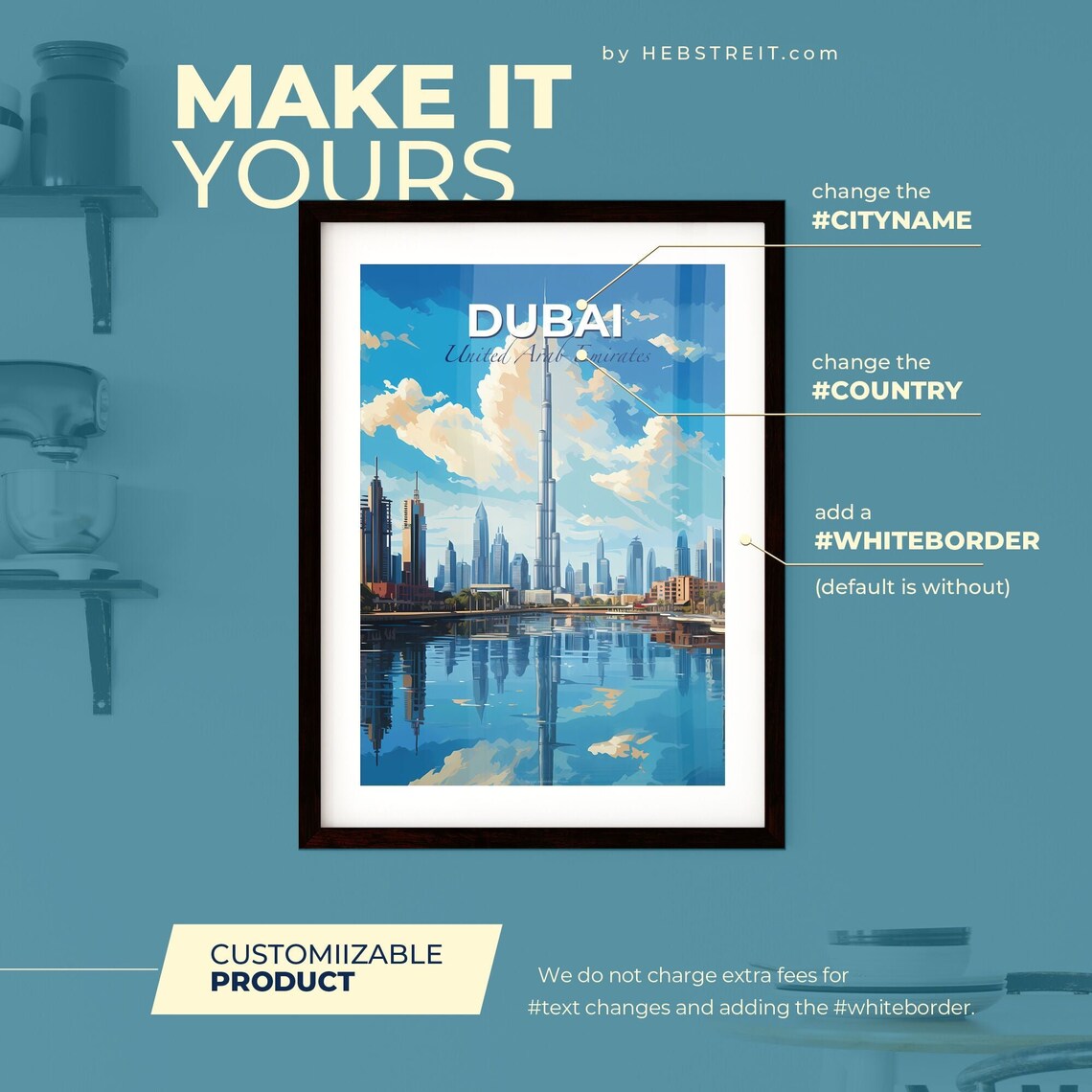 Dubai United Arab Emirates Travel Poster Modern City Skyline Lake Art - Image 2