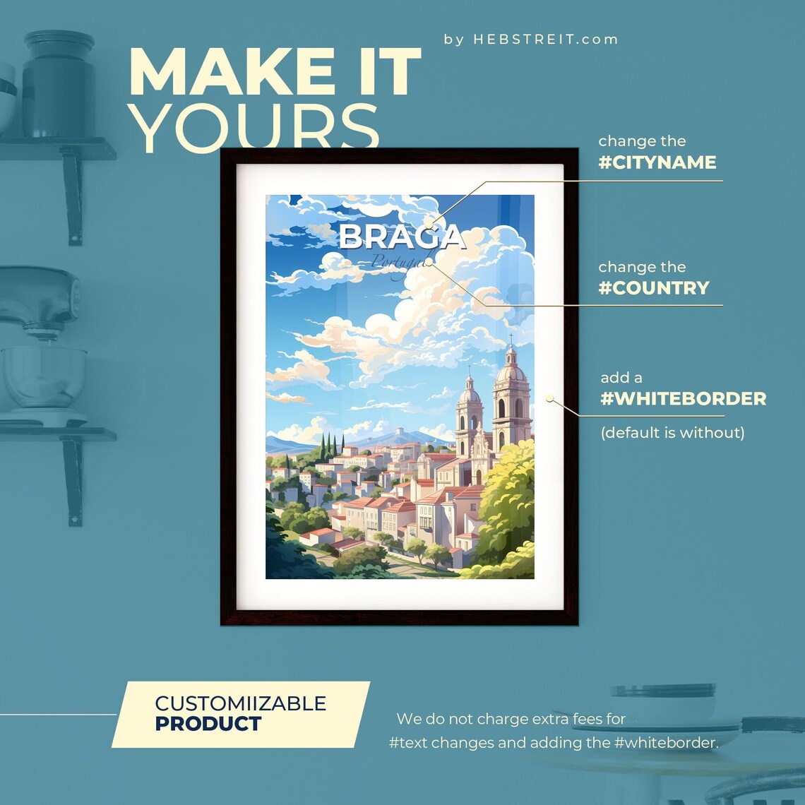 Braga Portugal Skyline Church Towers Illustrated Travel Poster - Image 2