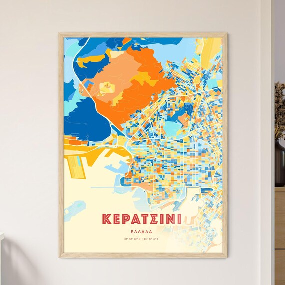 Keratsini Greece Colorful City Map Poster Blue Orange Modern Wall Decor