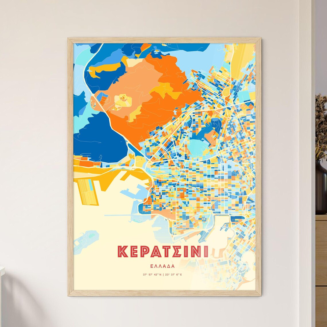 Keratsini Greece Colorful City Map Poster Blue Orange Modern Wall Decor