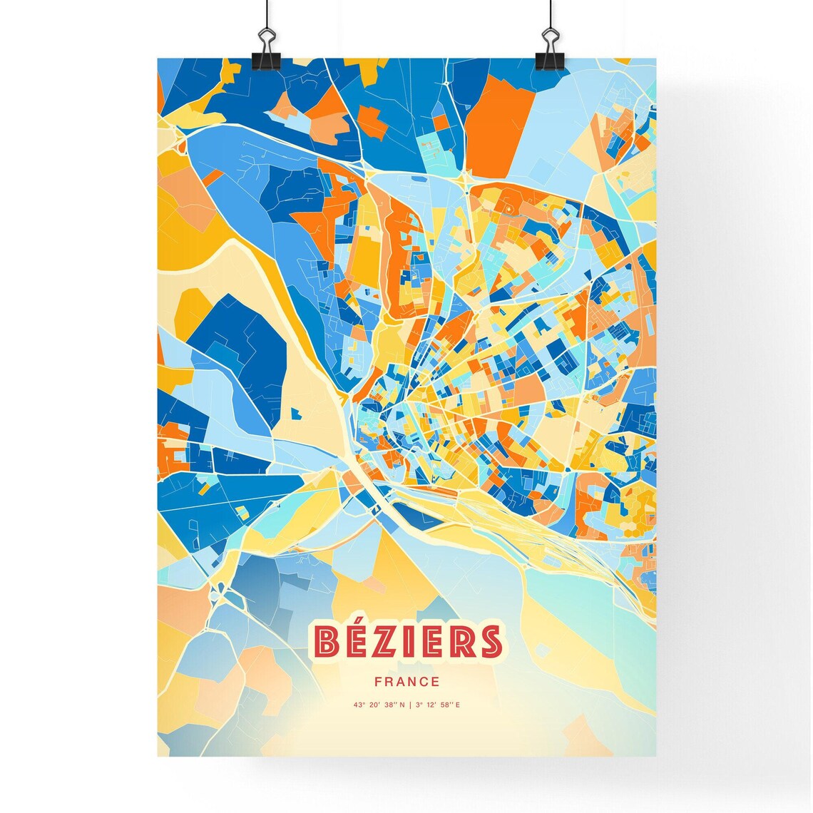 Beziers France Colorful Blue and Orange City Street Map Art Poster - Image 3