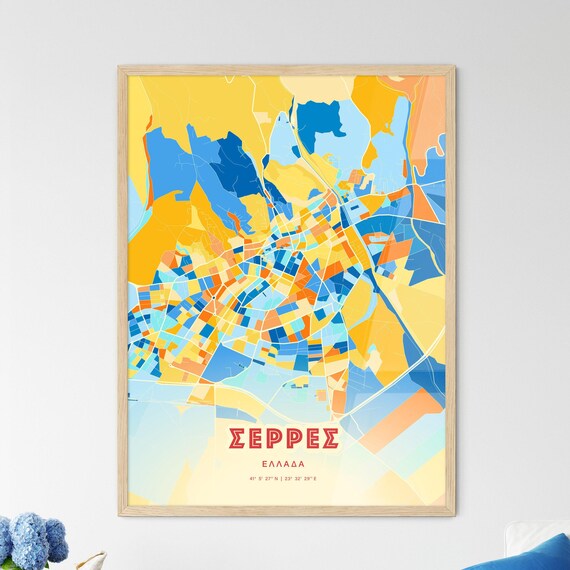 Serres Greece Blue Orange Colorful City Map Art Poster With Coordinates