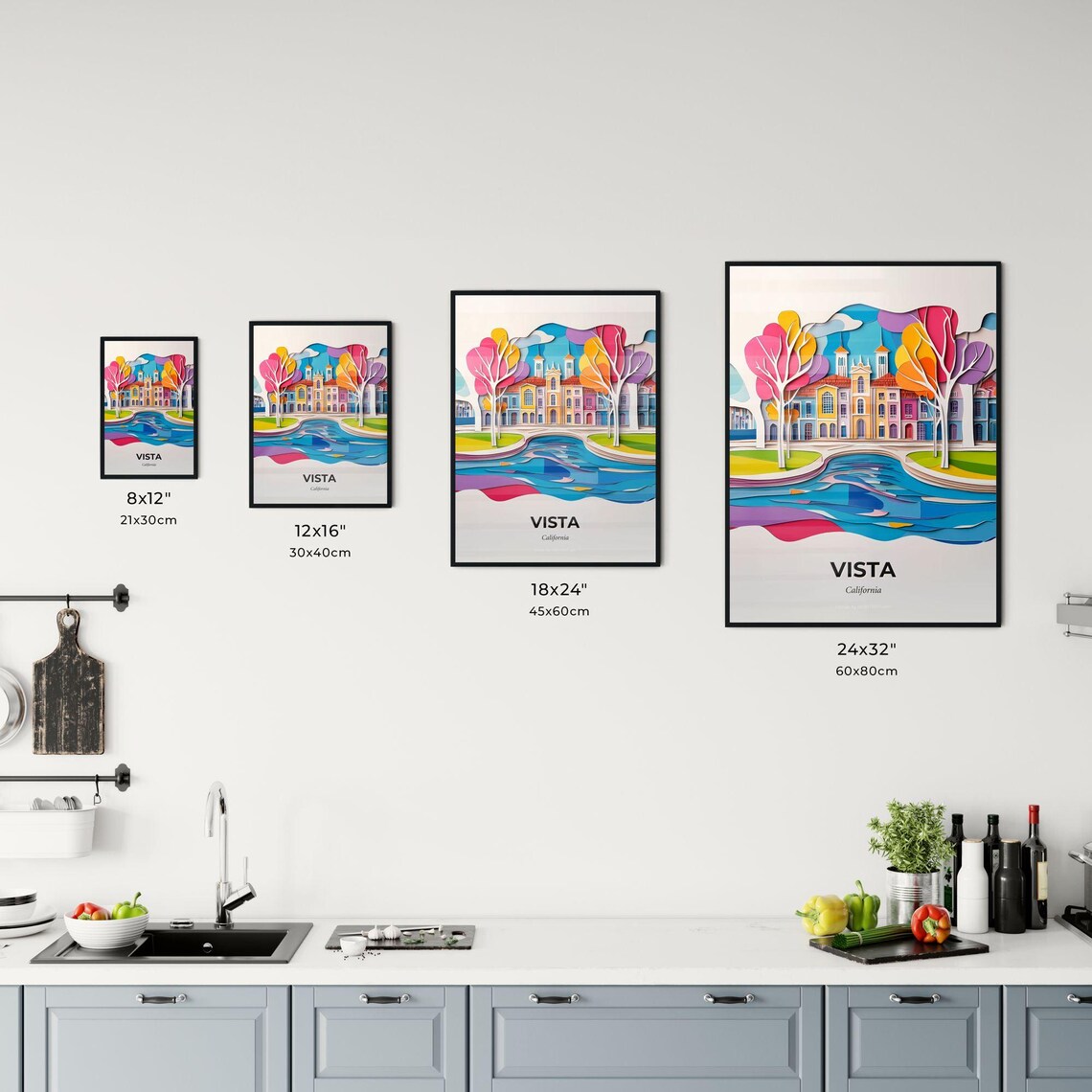 Vista California Mission River Colorful Paper Cut Art Poster - Image 3