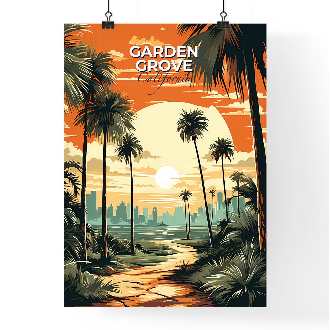 Garden Grove California Tropical Palm Trees Sunset Skyline Poster - Image 4