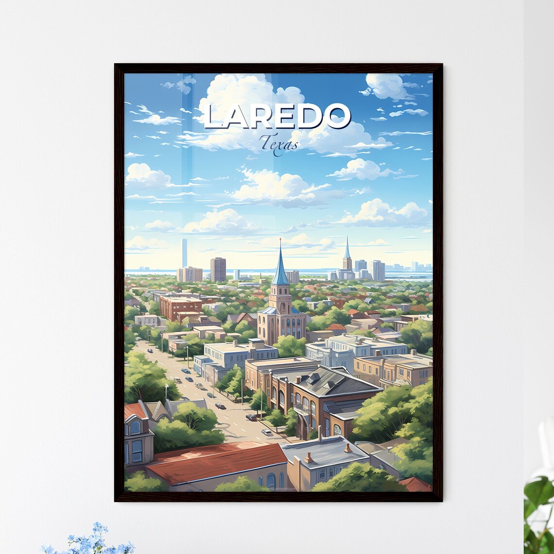 Laredo Texas Aerial City Street Church Spires Vintage Travel Poster