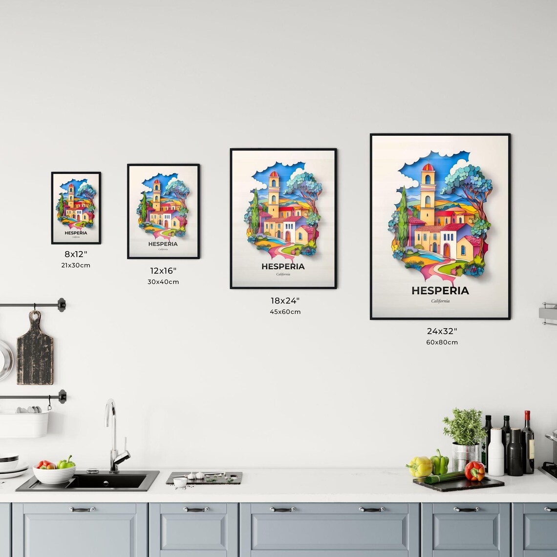 Hesperia California Colorful Paper Cut Church Tower Trees Poster - Image 3