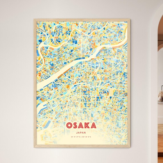 Osaka Japan Vibrant Colorful Blue Orange City Map Art Poster Decor