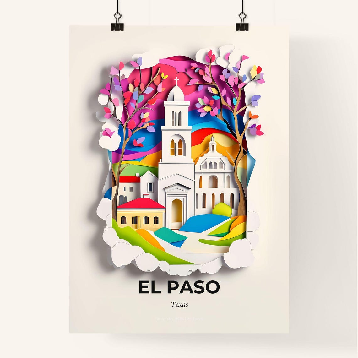 El Paso Texas Colorful Paper Cut Church and Flowering Trees Poster - Image 4