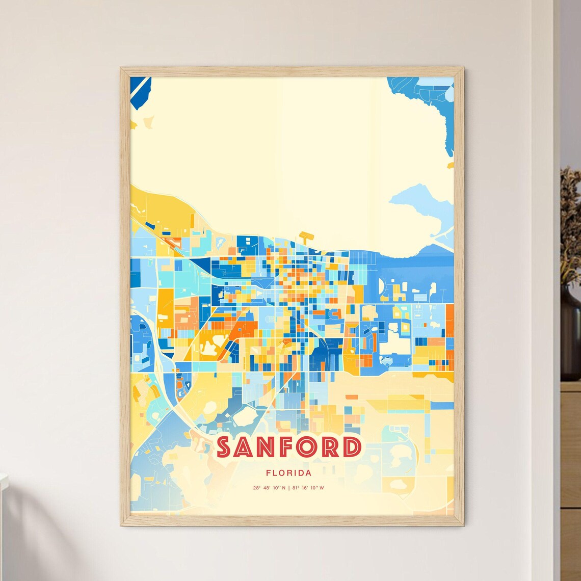 Sanford Florida Colorful Blue and Orange Retro City Street Map Wall Art - Image 3