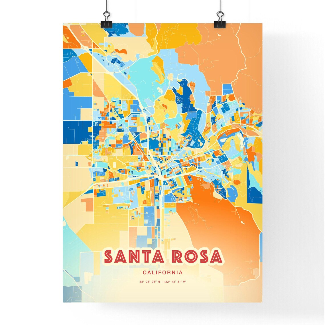 Santa Rosa California Colorful City Map Art Poster in Orange Blue and Cream - Image 3