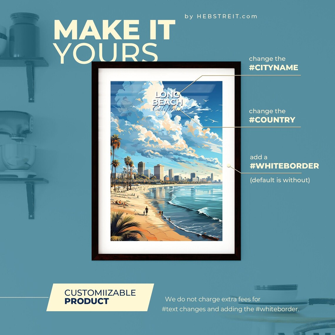 Long Beach California Palm Beach Skyline Ocean Travel Poster Art - Image 2