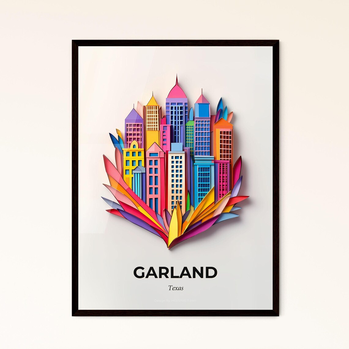Garland Texas Colorful Paper Cut Skyscrapers and Leaves Poster
