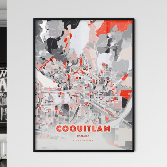 Coquitlam Canada City Map Art Modern Red Gray Coordinate Poster