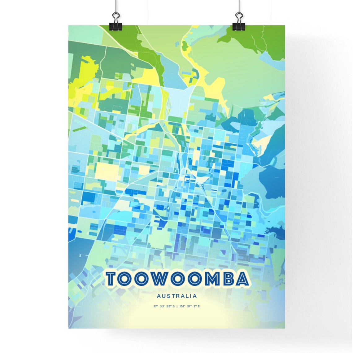 Toowoomba Australia Pastel Blue City Map Art with Coordinates Poster - Image 3