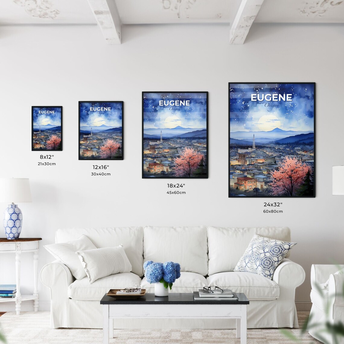 Eugene Oregon Moonlit Night Cityscape Mountain View Travel Poster - Image 3
