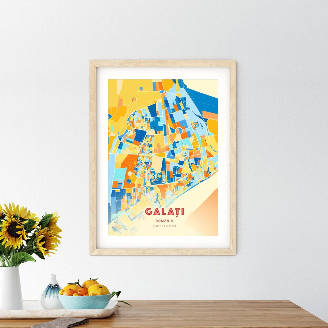 Galati Romania Colorful Blue Orange Danube City Map Art Print - Image 2