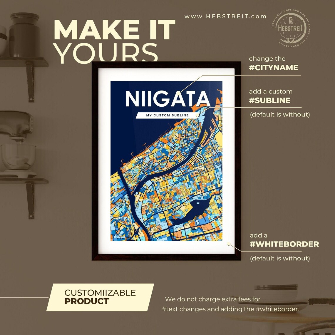 Niigata Japan Stylish Vibrant Blue and Orange Mosaic City Map Poster - Image 2