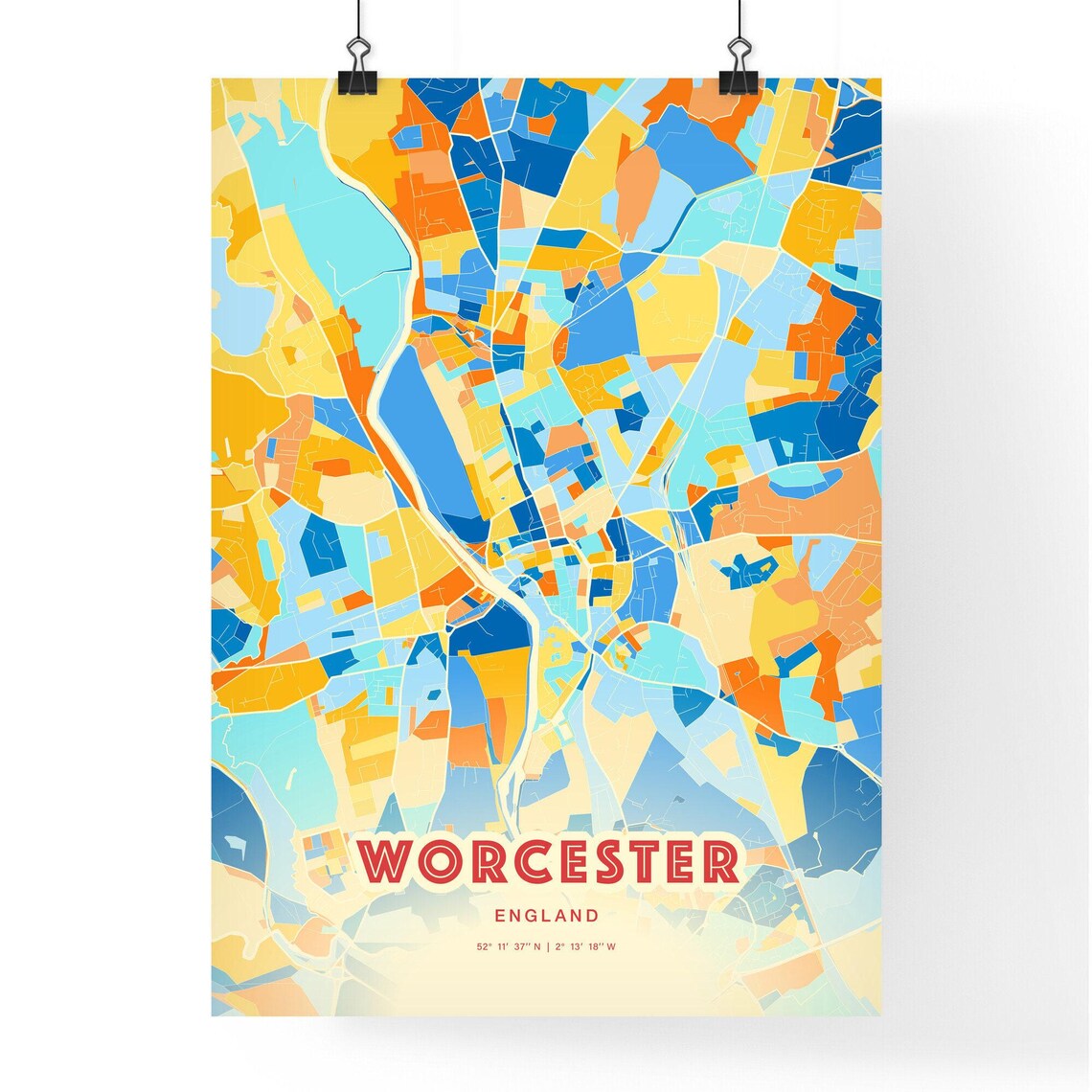 Worcester England Colorful Blue Orange Modern City Street Map Poster - Image 3