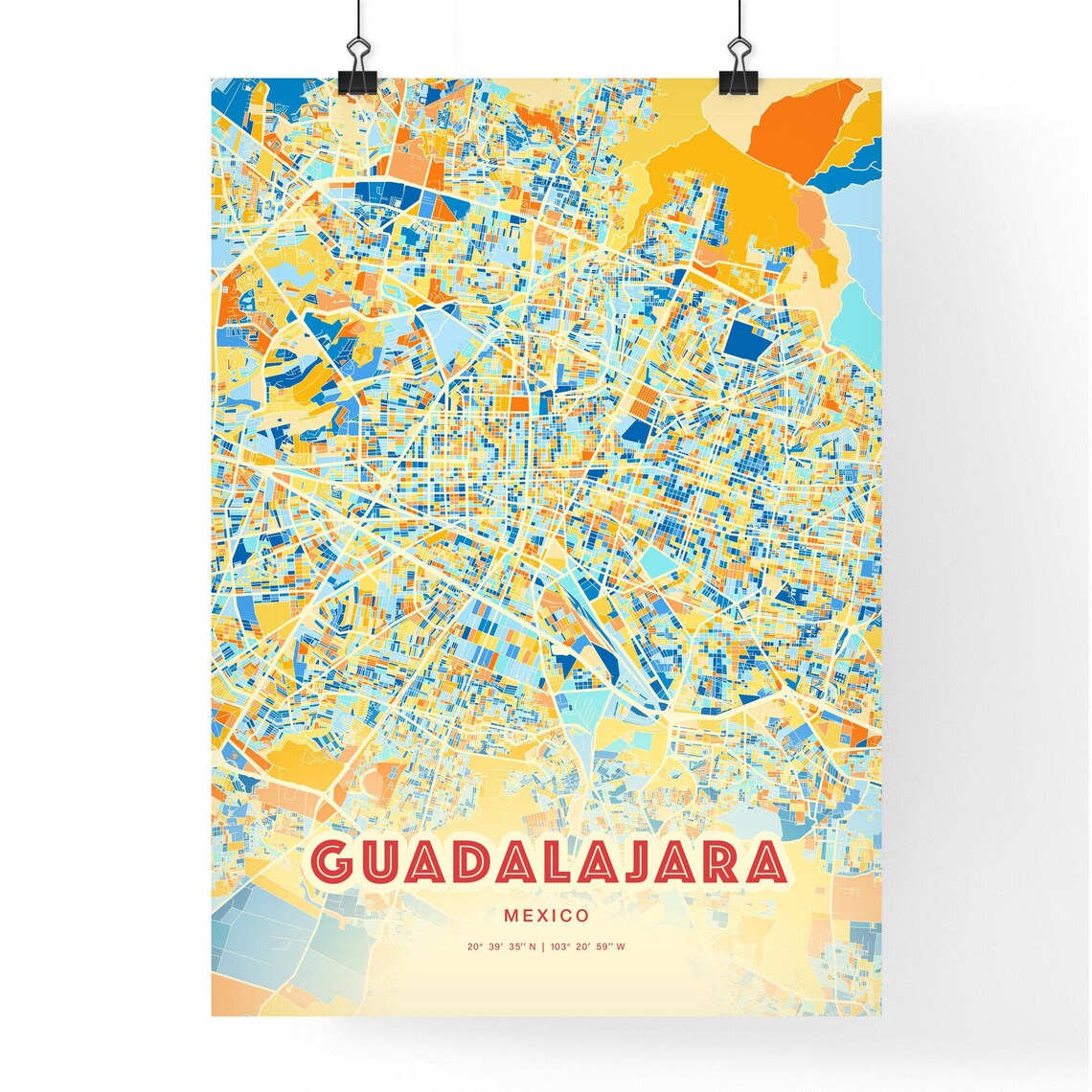 Vibrant Guadalajara Mexico Blue Orange City Street Map Poster - Image 3