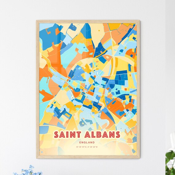 Saint Albans England Colorful Blue and Orange Retro City Street Map Wall Art