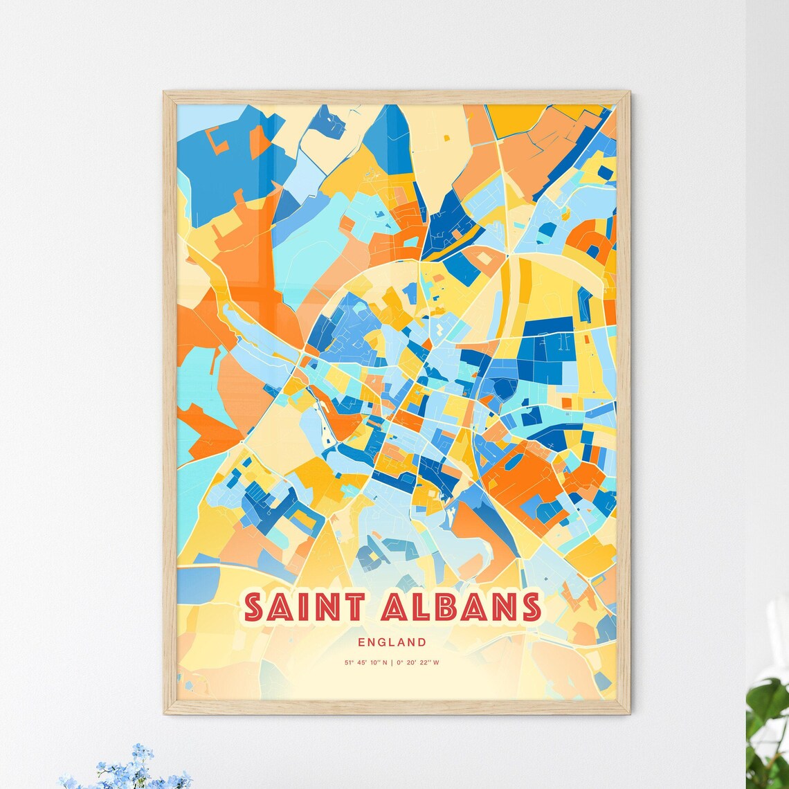 Saint Albans England Colorful Blue and Orange Retro City Street Map Wall Art