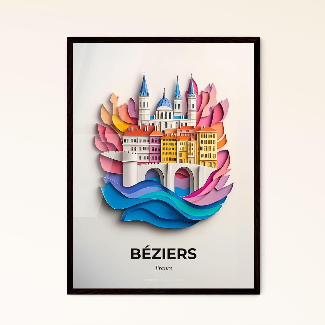Beziers France Cathedral River Colorful Paper Cut Art Poster