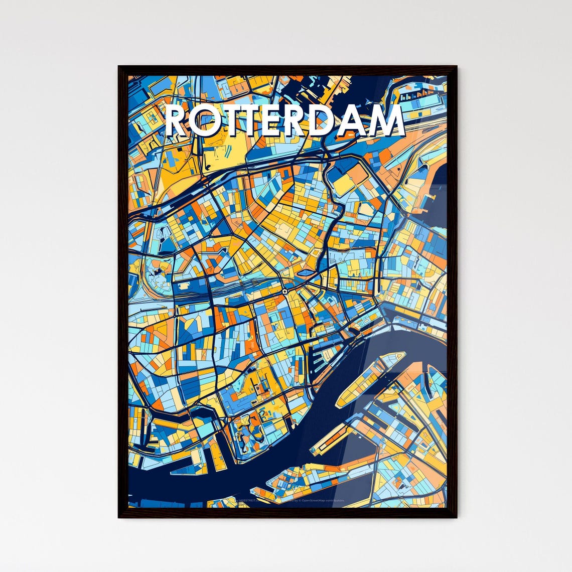 Rotterdam Netherlands Colorful Blue and Orange City Map Art Poster